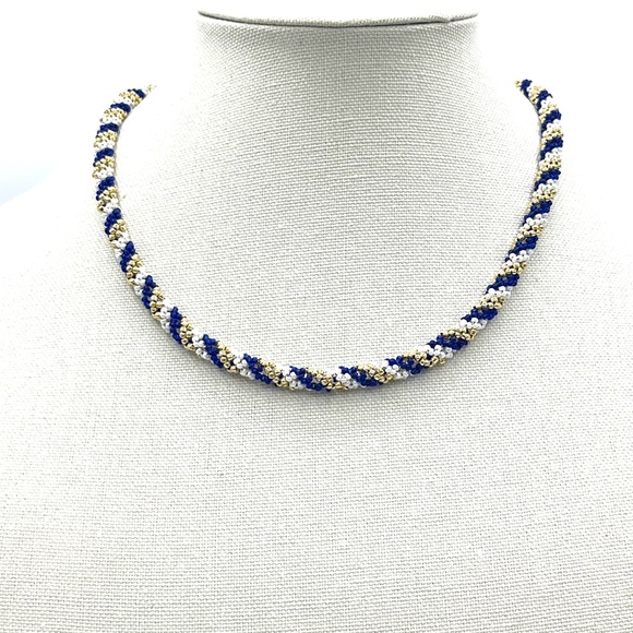 Hand Crafted Jewelry - HAND CRAFTED Blue and Gold Seed Bead Spiral Necklace